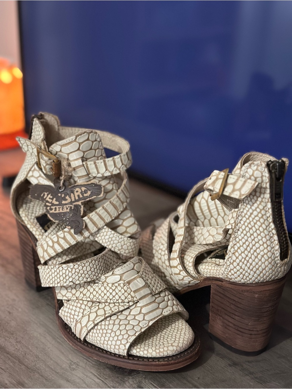 Freebird by Steven Cream Croc-Embossed Strappy Block Heel Sandals